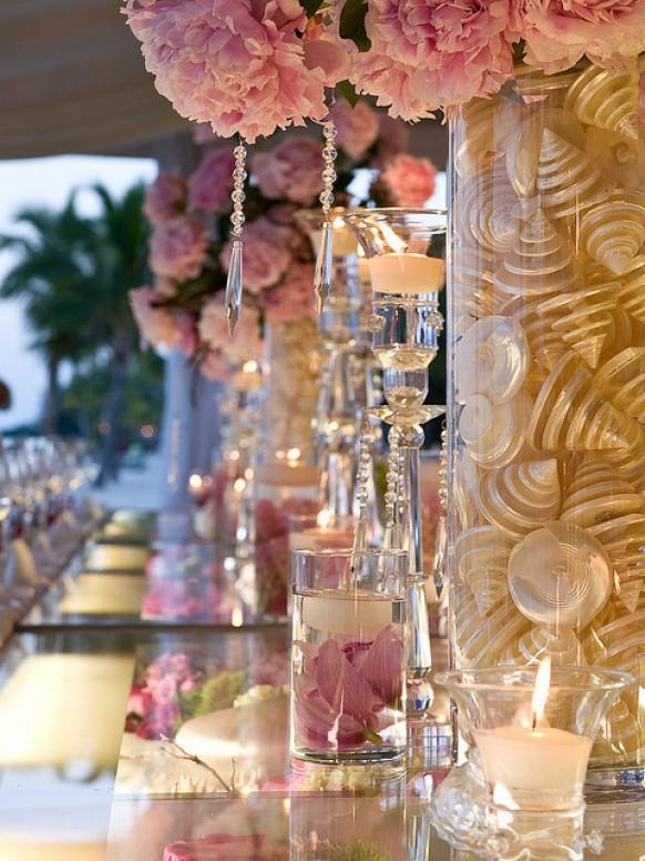 wedding photo - Pink Wedding Decor Ideas ♥ Pink Flowers, Mother of Pearl Shells, Crystals and Candles Wedding Centerpiece 