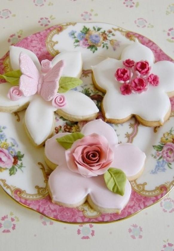 wedding photo - Homemade Wedding Cookies with Pink Edible Sugar Roses and Butterflies 