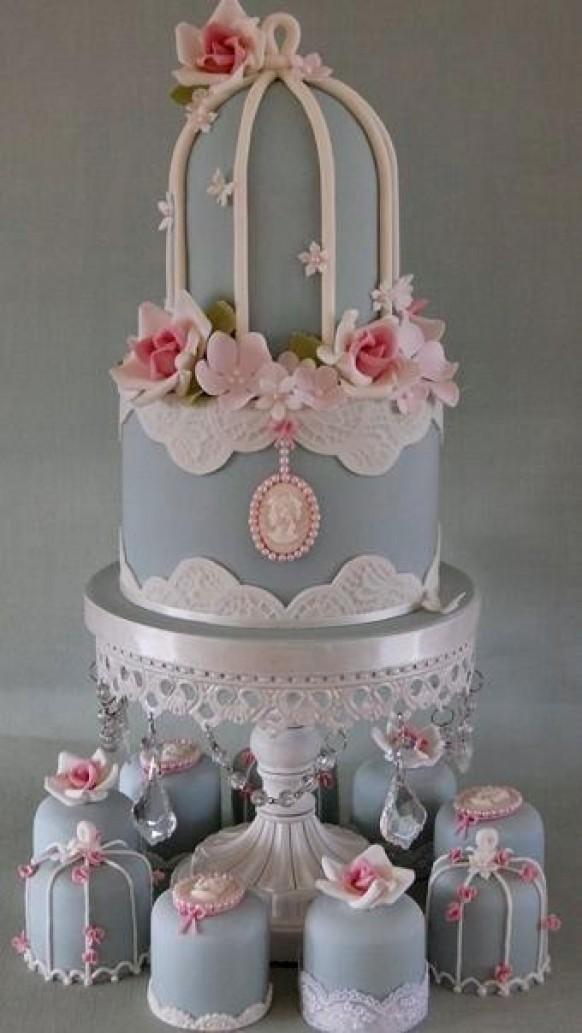wedding photo - Vintage 2 Tier Birdcage Wedding Cake and Mini Cakes 