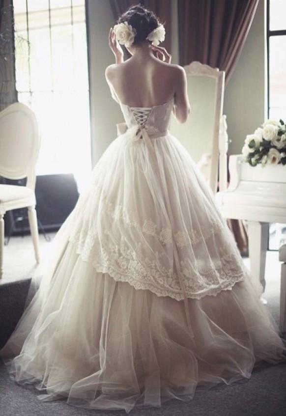 wedding photo - French Tulle Gorgeous Open Corset Back Victorian Style Wedding Dress 