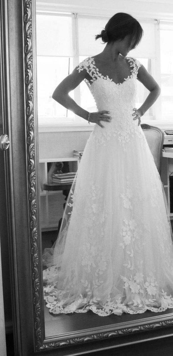 wedding photo - White Embroidered Tulle Low-Cut Back Wedding Dress by Maison Kas 