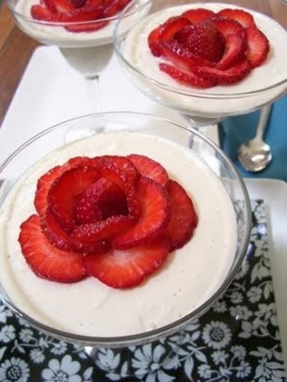 wedding photo - Delicious white yogurt with red strawberry roses