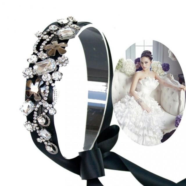 wedding photo - Black Stone Rhinestone Headband Wedding Ribbon Headpiece