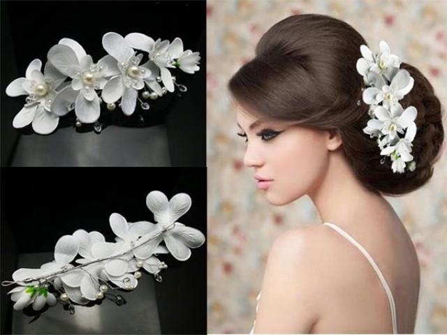 wedding photo - White Orchid Blume Kristalle Perlen Perlen Braut Hochzeit Kopfschmuck Haarspange