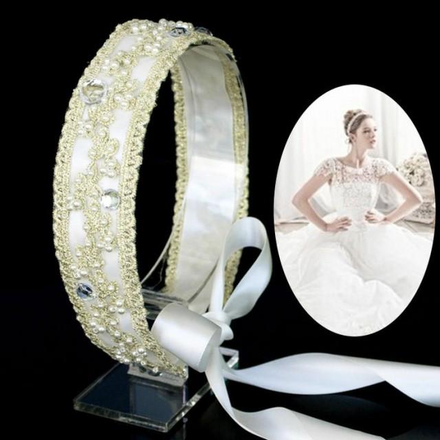 wedding photo - Wedding Bridal Pearl Light Yellow Lace Headpiece Rhinestone Headband