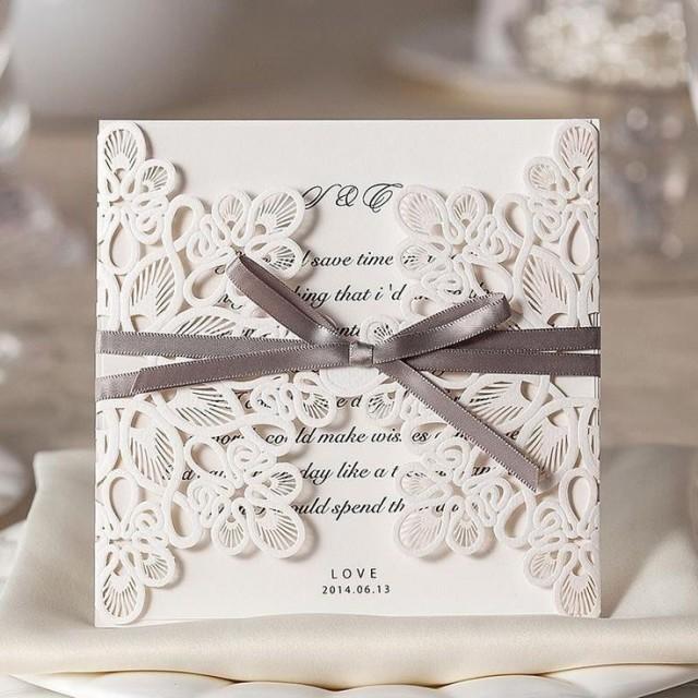 wedding photo - Floral Cut Pearl Ribbon Wedding Invitations Free Envelopes & Seals Kit WI1080
