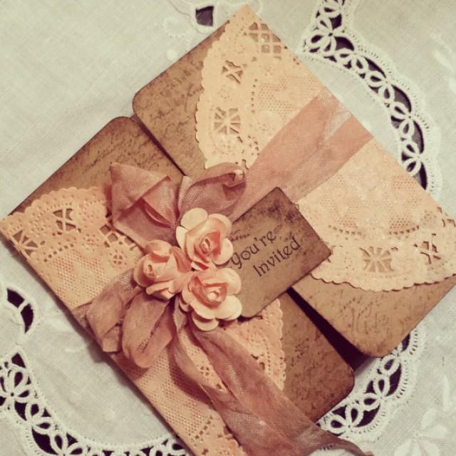 wedding photo - Peach doily tri-fold rustic invitation, with small flowers and tag, lace vintage - hand made rustic - New