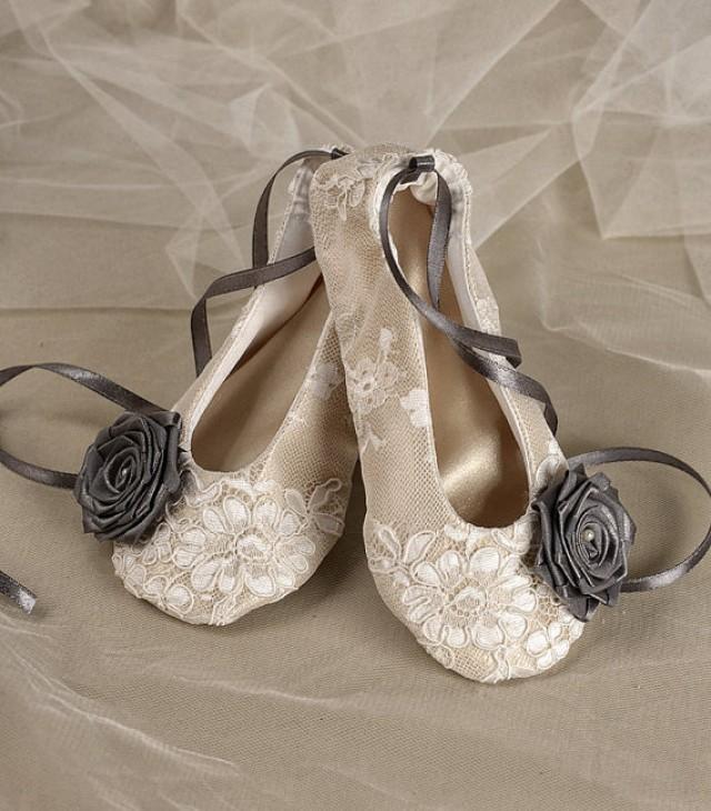 wedding photo - Satin Flower Girl Shoes - Baby Toddle, Ballet Flats for Flower Girls Champagne and grey Lace  Ballerina Slippers - New