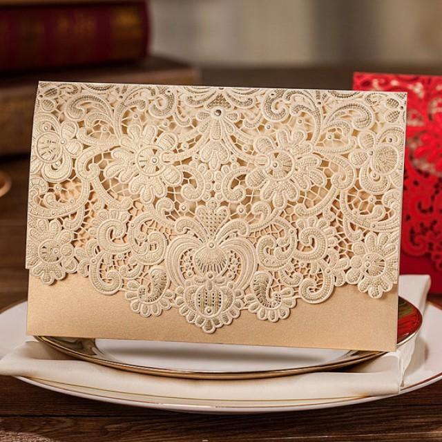 50 Pcs Golden Lace Wedding Invitation With Royal Floral Design Printable Laser Cut Wedding Invitation Cards 2229584 Weddbook
