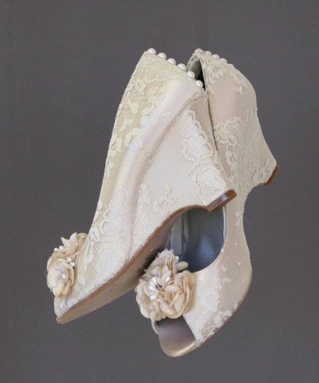 Wedding Shoes Wedge/ Lace Shoes / Wedge Shoes Wedding / Dark Ivory Bridal Shoes / Ivory Pearl Buttons / Champagne Lace / Custom Flowers - New