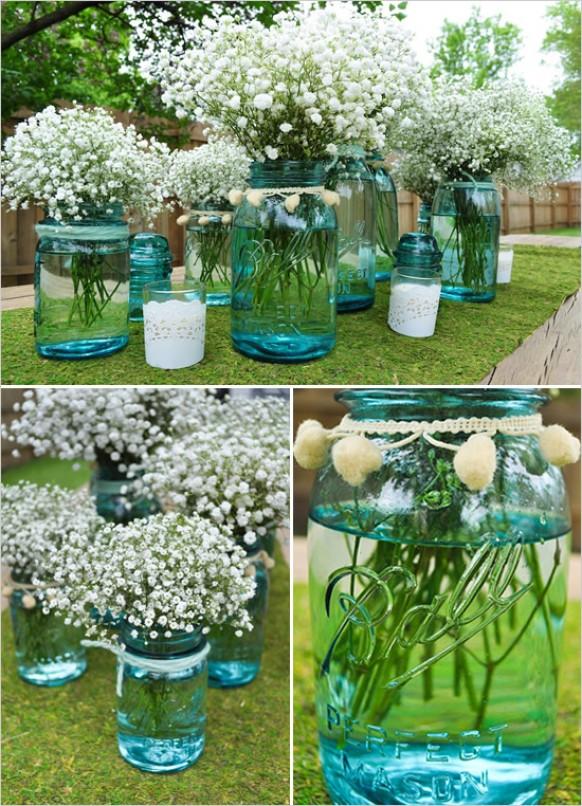 wedding photo - DIY Aqua Blue Mason Jar pièce maîtresse de mariage arrangements gypsophile ♥ de mariage pour Wecor