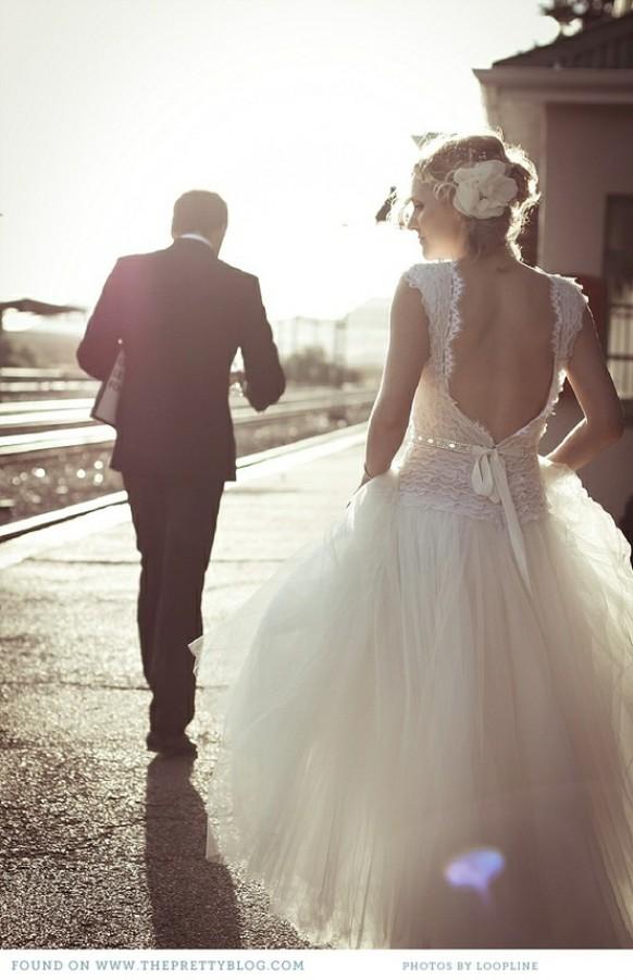 wedding photo - Sunset Wedding Photos ♥ Professional Outdoor Wedding Photo Ideas ♥ Lace Back Wedding Dress