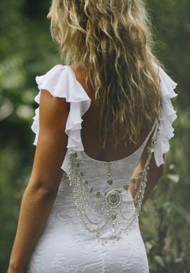 Wedding - Striking low back lace wedding dress with frilly sleeves and fitted lace body perfect for a beach wedding - New