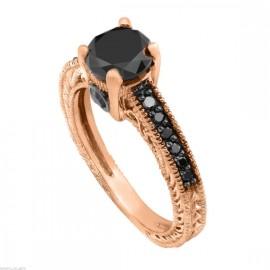 Wedding - Fancy Black Diamond Engagement Ring 14K Rose Gold 0.79 Carat Antique Vintage Style Engraved Pave Set HandMade Certified - New