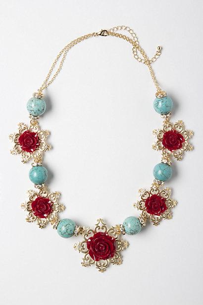 Wedding - Red Floral Handmade Necklace with Turquoise Details 