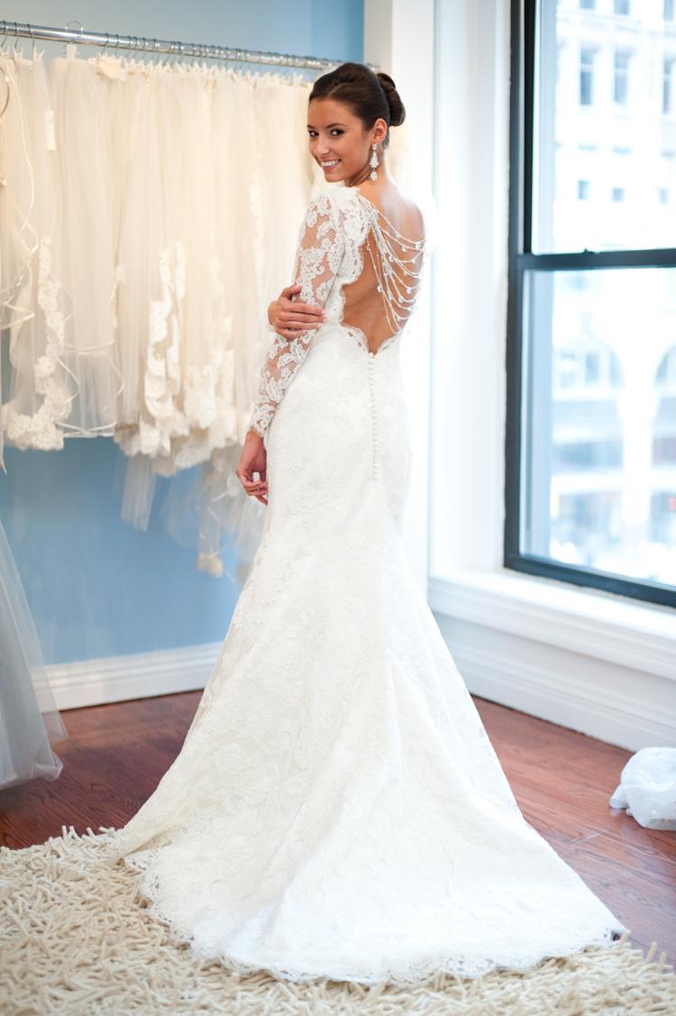 white lace open back wedding dress