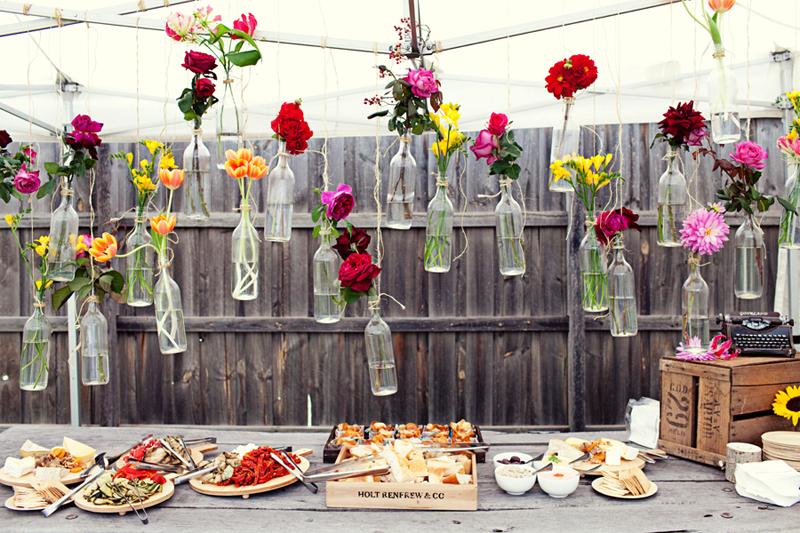 Wedding - Cheap And Creative Garden Wedding Decoration Ideas ♥ Colorful Flowers In Hanging Glass Bottles For Wedding 