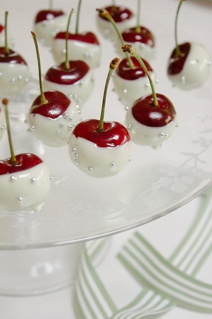 Hochzeit - Wedding Gourmet White Chocolate-Dipped Cherries with Silver Dragees 