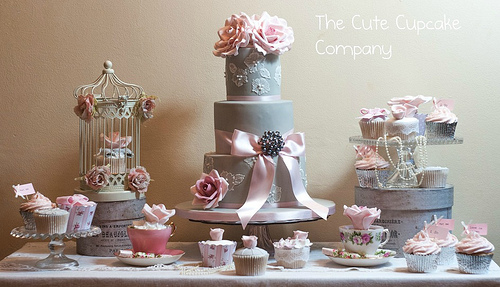 Wedding - Dove Grey And Pink Wedding Cake Table