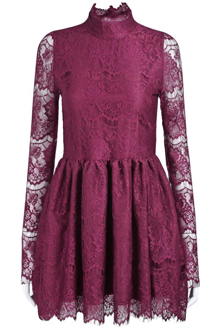 women s dresses red stand collar long sleeve lace pleated dress ...