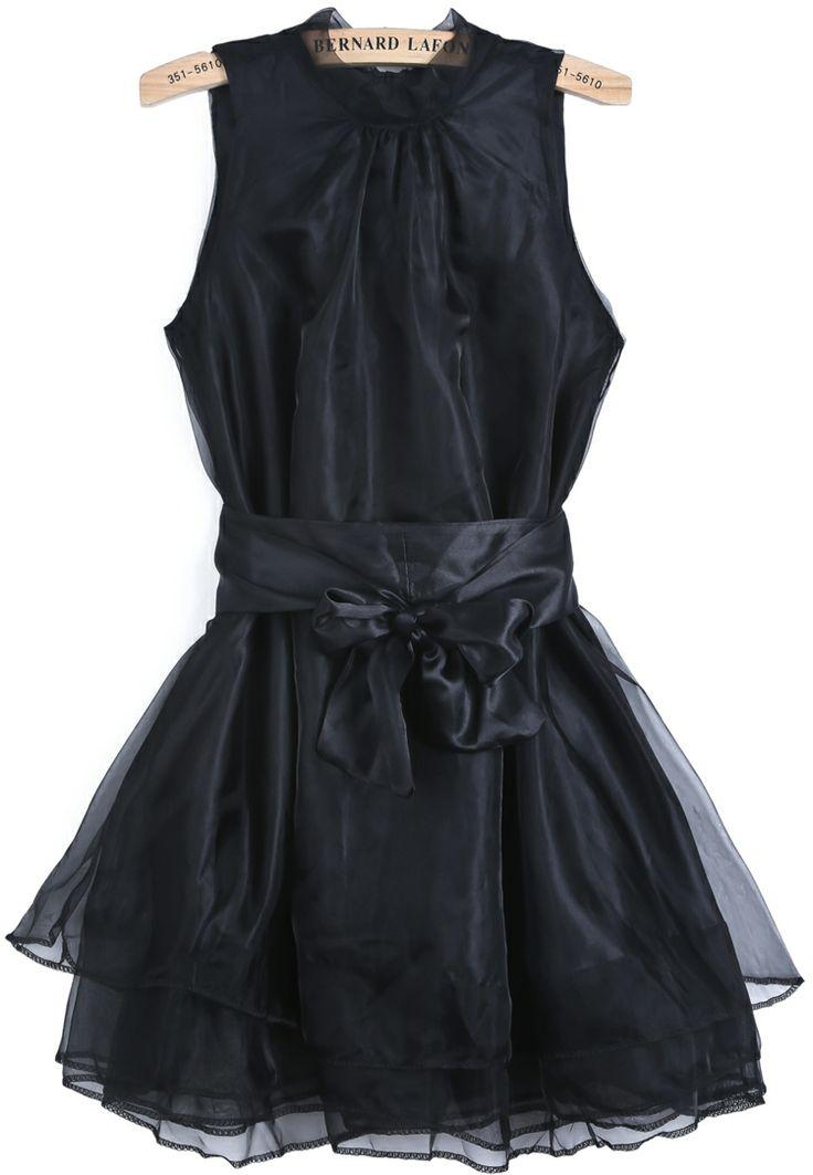 women s dresses black sleeveless contrast organza belt flare dress ...