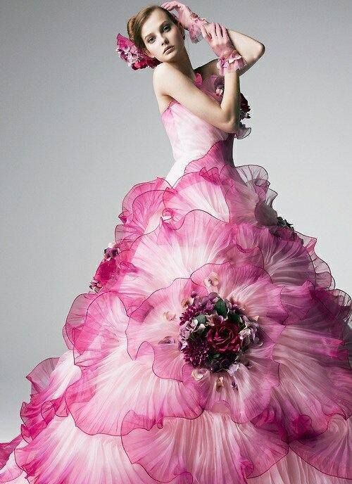 Wedding - Faded pink wedding gown with bouquet