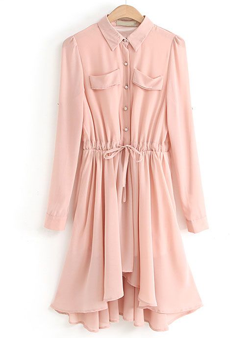 women s dresses pink lapel long sleeve pleated chiffon dress