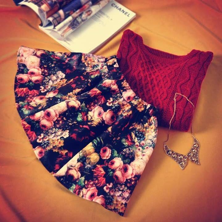 زفاف - Red Elastic Waist Floral Flare Skirt - Sheinside.com