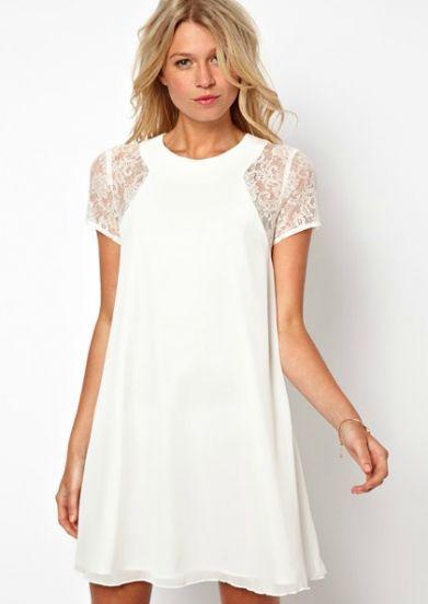 Mariage - White Contrast Lace Short Sleeve Split Chiffon Dress - Sheinside.com