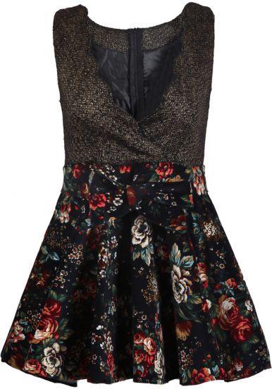 زفاف - Black V Neck Sleeveless Contrast Floral Dress - Sheinside.com