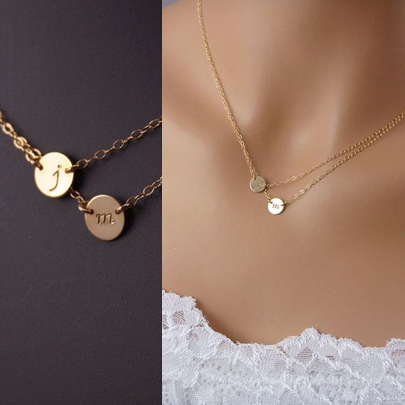 Wedding - 2 Initials Necklace - Personalized Necklace - Two Charms Discs Necklace - 14k Gold Filled Initial Necklace