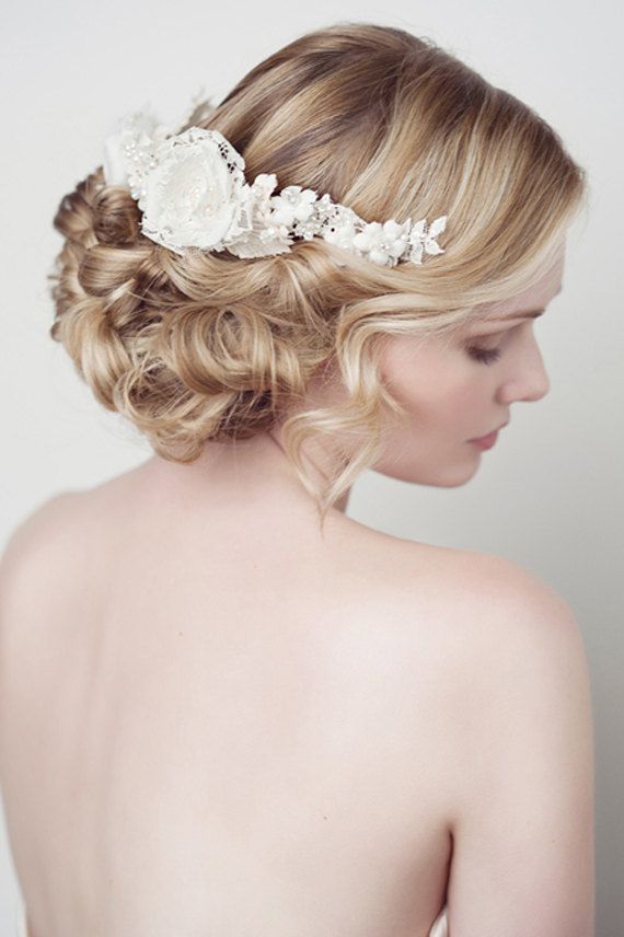 Wedding - Celeste Headdress- Wedding Headpiece, Bridal Lace Headpiece, Crown, Pearls, Crystals