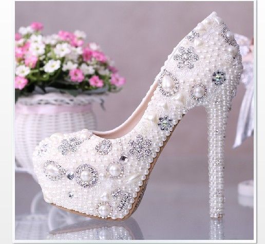 Wedding - Princess Bride Shoes Diamond Crystal Pearl Wedding Shoes With High Heels