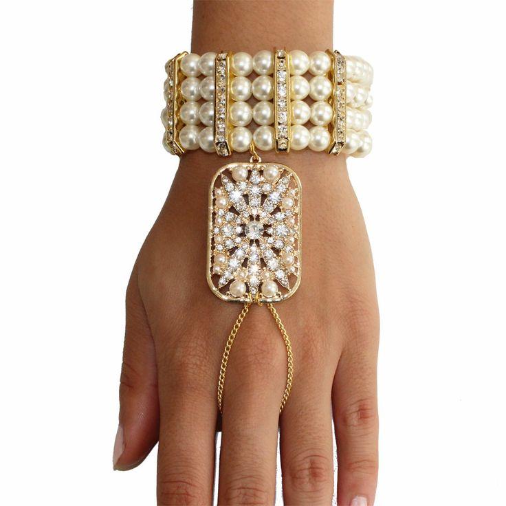 Mariage - Gatsby le Magnifique de 1920 Inspiré chaîne de perle d'or Médaillon bracelet en cristal à la main