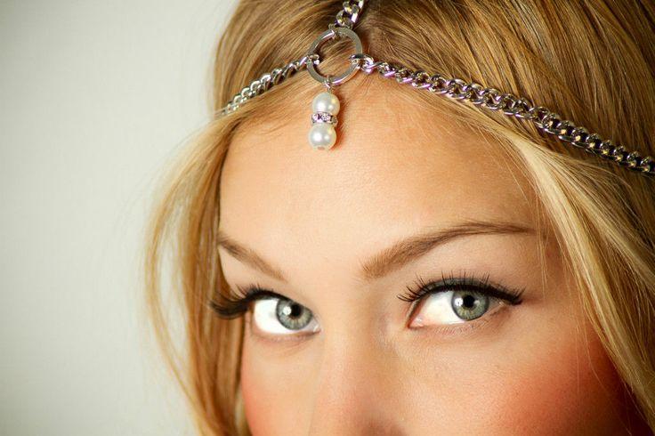Wedding - Silver Crystal Pearl Charm Chain Grecian Style Greek Headpiece Headband