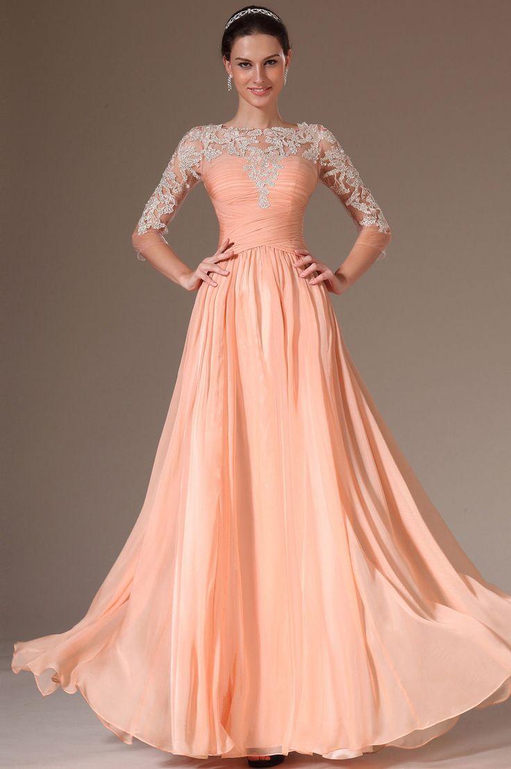 Custom Fashion Evening Dress 3/4 Sleeves Chiffon Applique Prom ...
