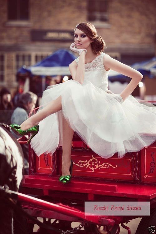 زفاف - أثواب 2014 جديد وايت / العاج بطول الركبة فستان الزفاف حجم مخصص