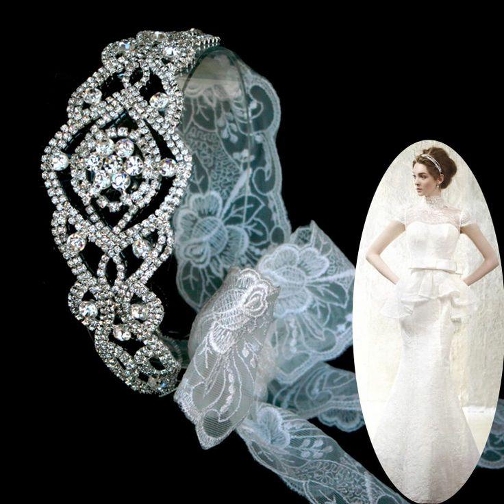 Wedding - Long Rhinestone Headpiece Wedding Bridal Delicate Flower Lace Hair Accessory