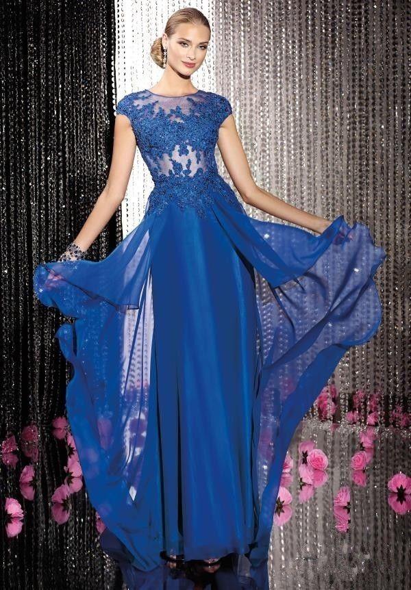 Hochzeit - 2014 Blaue Spitze langen Chiffon-Abendkleid-formales Abschlussball-Cocktail-Party-Kleid