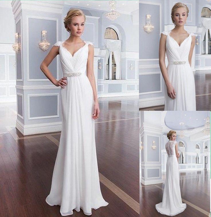 Wedding - New Sheath Wedding Dresses Chiffon Cap Sleeve Bridal Proms Gowns DEB Custom-Made