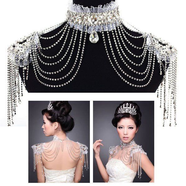 Wedding - Bridal Lace Shoulder Bra Strap Halter Rhinestone Necklace Piece & Earrings Set