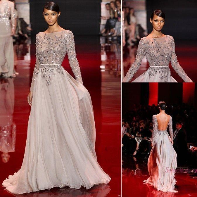 Wedding - Elie Saab Long Sleeves Backless Hand Beaded Chiffon Evening Party Prom Dress 