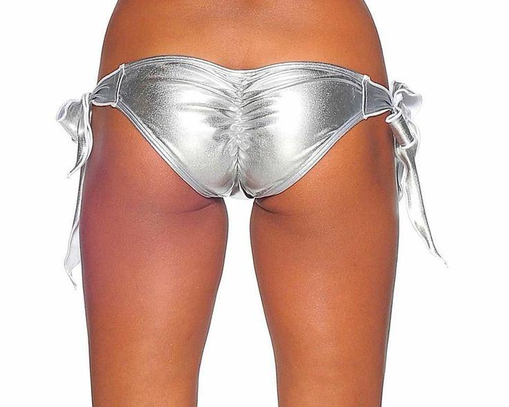 Wedding - Sexy Clubwear Stripper Dancer Wear Raver Silver Tie Side Scrunch Shorts Bottom