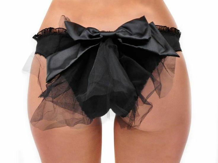 Wedding - Sexy Burlesque Stretch Cotton Panty W/ Sheer Train & Oversized Bow Back Bottoms