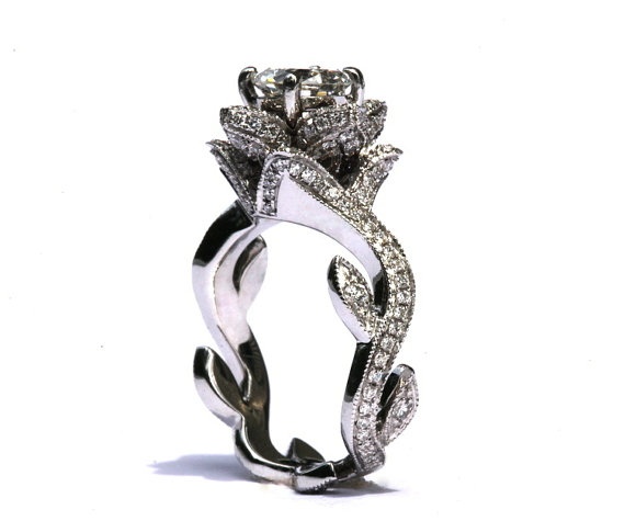 Hochzeit - BLOOMING Kunstwerk - Milgrain Blume, Rose, Lotus Diamant-Verlobungsring Einstellung mit Blättern auf dem Band - FL07 patentierte