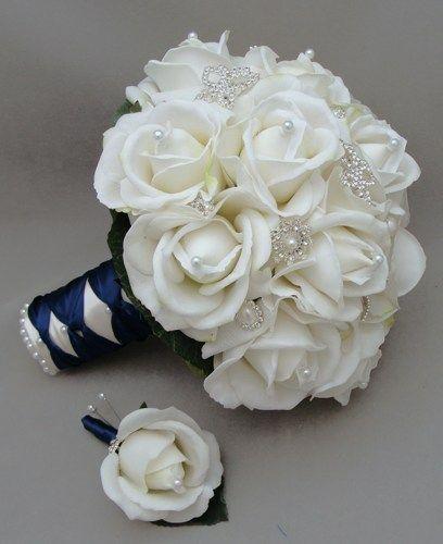 Wedding - Silk Flower Bridal Bouquet Real Touch Roses Rhinestone White Navy Blue