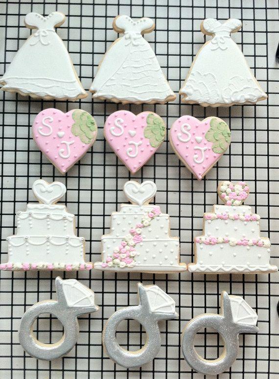 Hochzeit - Dekoriert Hochzeit Thematische Cookies. Kuchen, Kleider, Pinsel Stickerei Herzen und Verlobungsringe