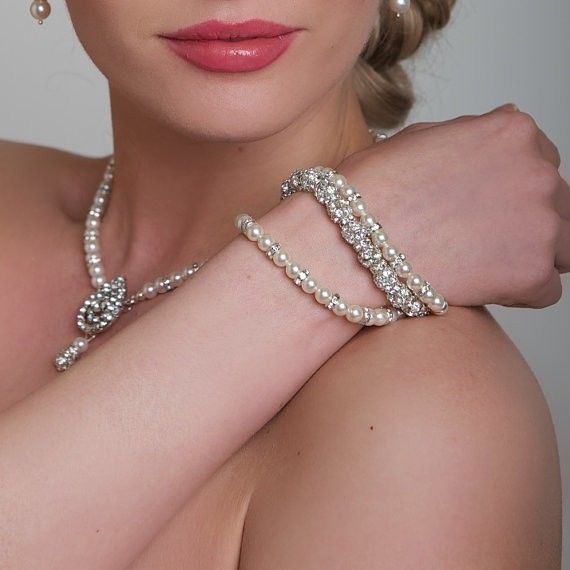 Wedding - Pearl & Rhinestone Ball 3 Row Amazing Bracelet Bridesmaid ~ Bridal Jewelry
