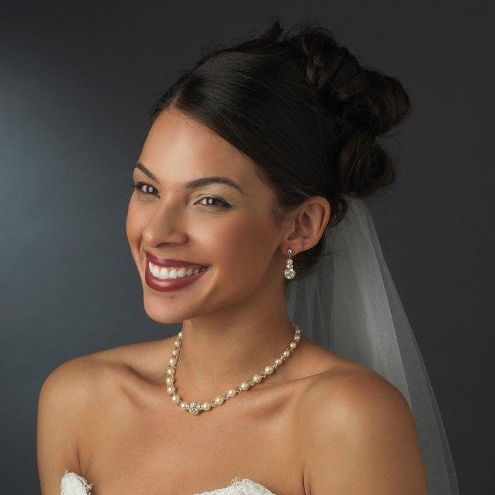 Wedding - Pearl Necklace , Earring , Bracelet Set & Accent Clear Crystal Bridal Jewelry