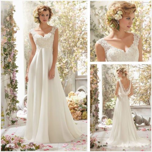 زفاف - White Ivory Lace Bridal Gown Beach Wedding Dress Custom Size 6 8 10 12 14 16